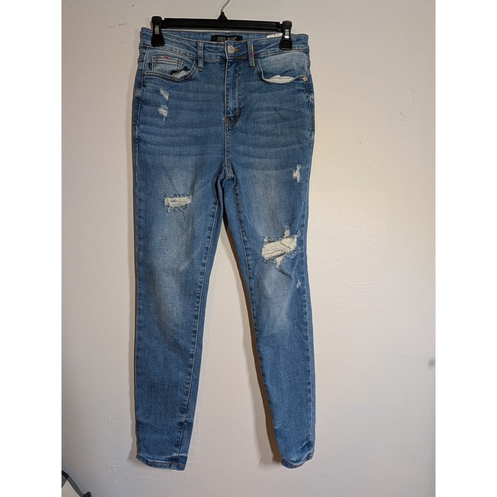 Judy Blue Women Skinny Fit Blue Denim Jeans Size 5 / 27‎ Cotton Blend Distressed